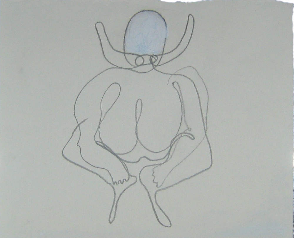 Zeichnung mit Bleistift und Ölpastell auf wollweißem Papier.
Eine nackte, dicke, sitzende Person mit großen Hauern. der obere Gesichtsbereich ist weiß coloriert.